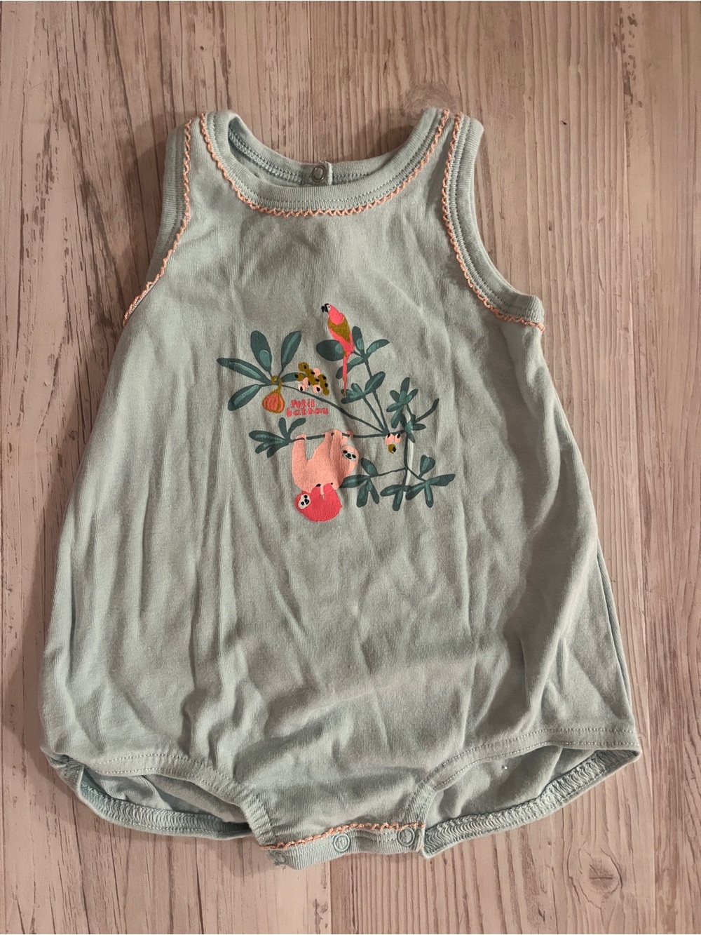 Petit Bateau Baby Mint Green Sleeveless Romper with Sloth & Bird Print Size 6M